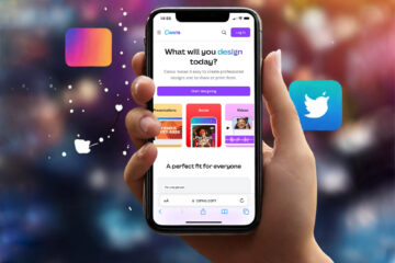 Das Bild zeigt eine Hand, die ein Smartphone hält, auf dem die Canva-App geöffnet ist. Der Hintergrund ist unscharf und zeigt bunte, verschwommene Lichter und Formen, was dem Bild einen modernen und dynamischen Look verleiht. Auf dem Smartphone-Bildschirm steht die Frage "What will you design today?" in schwarzer Schrift, gefolgt von dem Text "Canva makes it easy to create professional designs and to share or print them." Darunter befindet sich ein lila Button mit der Aufschrift "Start designing". Es gibt auch drei farbige Abschnitte mit den Kategorien "Presentations", "Social" und "Videos", die jeweils verschiedene Designoptionen zeigen. Am unteren Rand des Bildschirms steht "A perfect fit for everyone" in schwarzer Schrift. Die Navigation des Browsers zeigt, dass die Webseite "canva.com" geöffnet ist. Im Hintergrund schweben zwei Logos: links ein quadratisches Symbol mit einem Farbverlauf und rechts das Twitter-Logo in Blau.