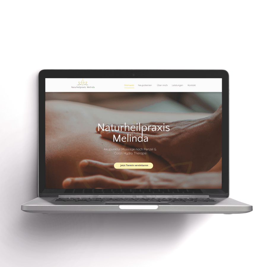 Landingpage der Naturheilpraxis Melinda. Hände massieren einen Rücken.