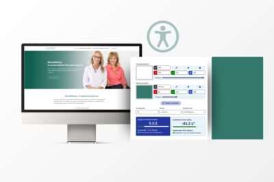 Das Beitragsbild zeigt anschaulich, wie Barrierefreiheit im Webdesign praktisch umgesetzt wird. Links ist ein Bildschirm mit einer Website zu sehen, die auf klare Lesbarkeit und starke Farbkontraste setzt. Rechts daneben befindet sich ein Ausschnitt eines Kontrastanalyse-Tools, das die Vorder- und Hintergrundfarben sowie das Kontrastverhältnis nach WCAG-Standards misst – inklusive der Bestätigung, dass die gewählten Farben barrierefrei sind. Darüber hinaus visualisiert ein Icon das Thema digitale Zugänglichkeit. Die Darstellung unterstreicht, wie wichtig durchdachte Farbkontraste für barrierefreie Webseiten sind – nicht nur zur Einhaltung gesetzlicher Anforderungen, sondern auch für optimale Nutzerfreundlichkeit.