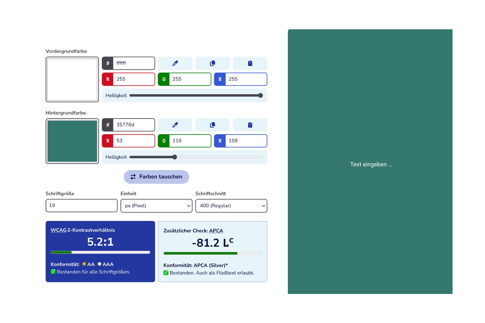 Hier sieht man einen Kontrastchecker wo man hintergrundfarbe und vordergrundfarbe einfach online überprüfen kann. Ideal und leicht für barrierefreie Webseiten.