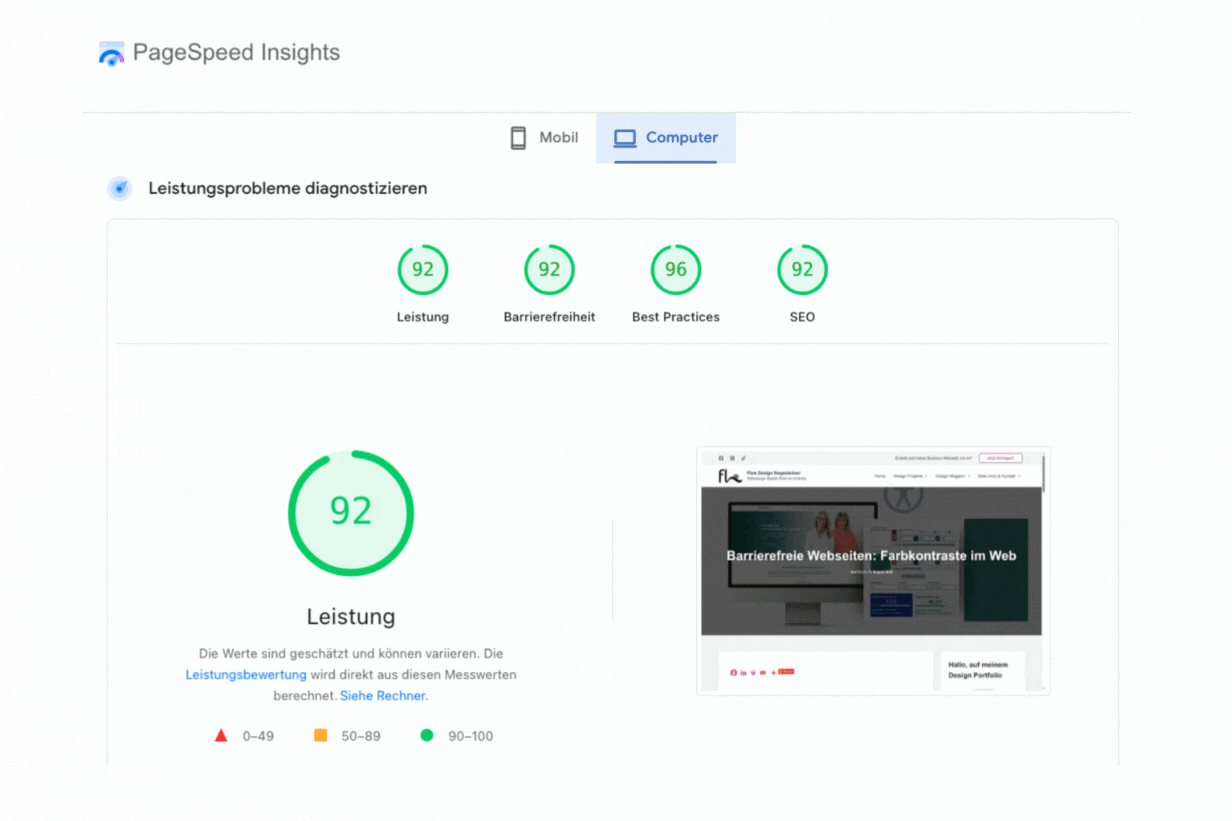 Hier sieht man wie man Barrierefreiheit beim PageSpeed Test von Google sieht.